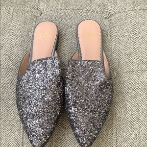 J. Crew Silver Glitter Mules with Pointed Toe